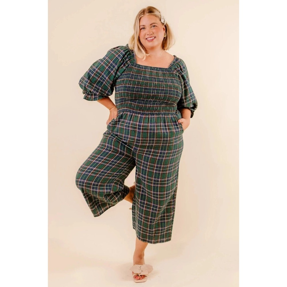 Ivy City Co Madeline Jumpsuit Green Plaid Smocked Large dark Academia holiday